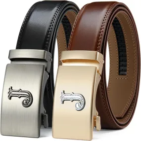 DOOPAI Men's Leather Ratchet Belts 2 Pack Adjustable Click Belt Set for Dress & Casual, Custom Fit 1 3/8" (35mm) -Trim to Fit