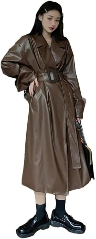 Elegant Women's Leather Trench Coat Long Sleeves Oversized Fit for Fall Outfit