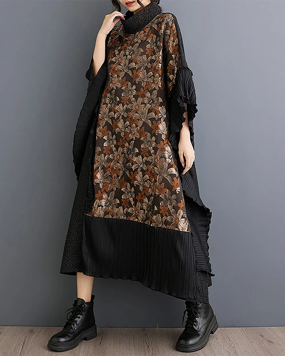 ellazhu Women's Coat Collar Floral Pattern Black 3/4 Sleeve Flowy Hem Below Knee Patchwork Loose Oversize GZ272
