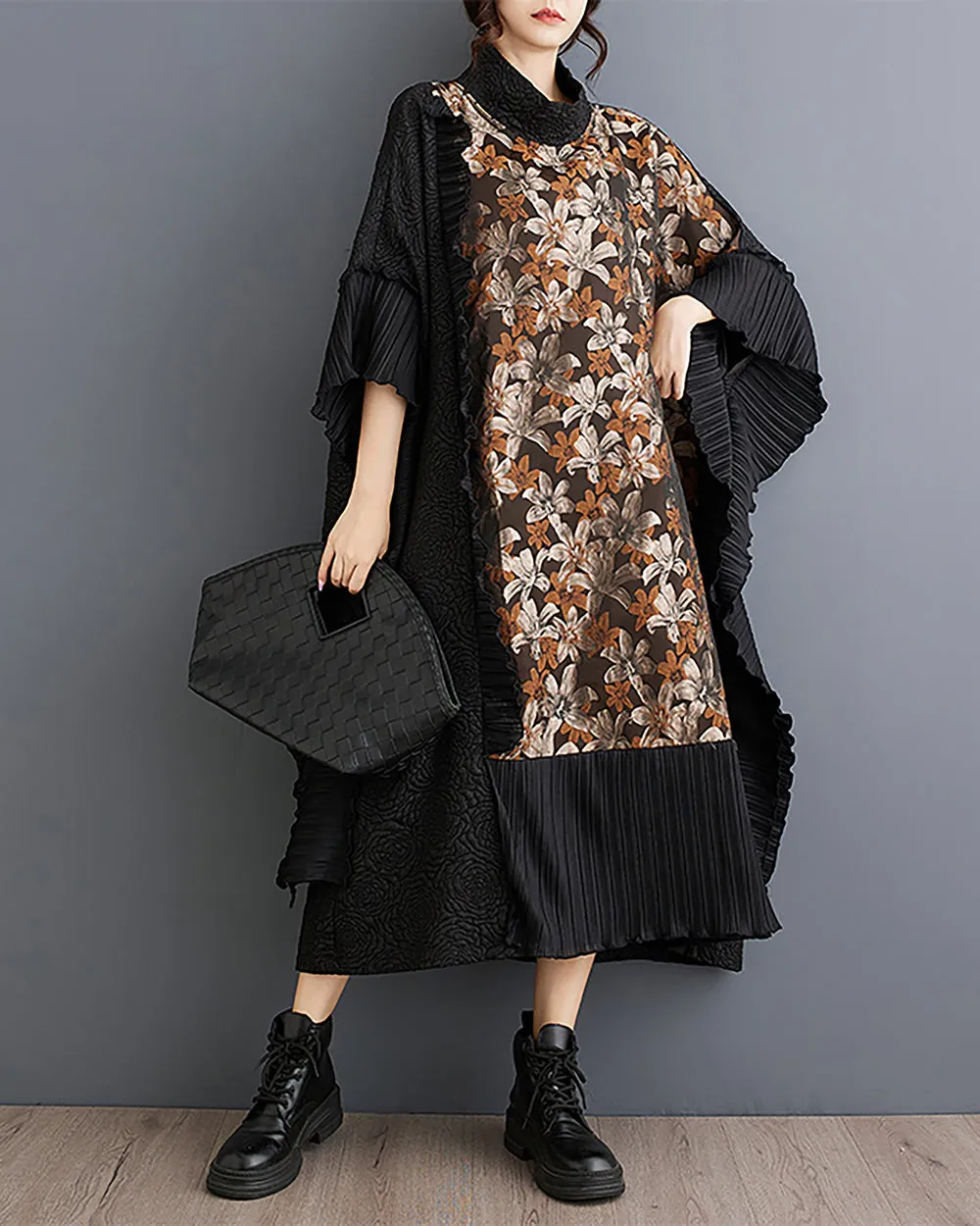 ellazhu Women's Coat Collar Floral Pattern Black 3/4 Sleeve Flowy Hem Below Knee Patchwork Loose Oversize GZ272