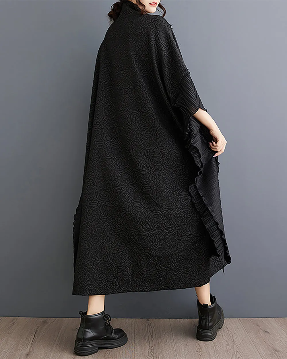 ellazhu Women's Coat Collar Floral Pattern Black 3/4 Sleeve Flowy Hem Below Knee Patchwork Loose Oversize GZ272