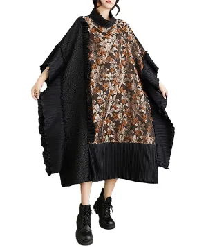 ellazhu Women's Coat Collar Floral Pattern Black 3/4 Sleeve Flowy Hem Below Knee Patchwork Loose Oversize GZ272