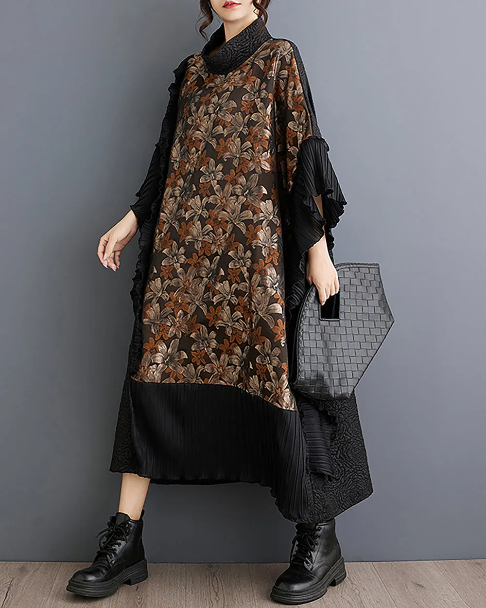 ellazhu Women's Coat Collar Floral Pattern Black 3/4 Sleeve Flowy Hem Below Knee Patchwork Loose Oversize GZ272