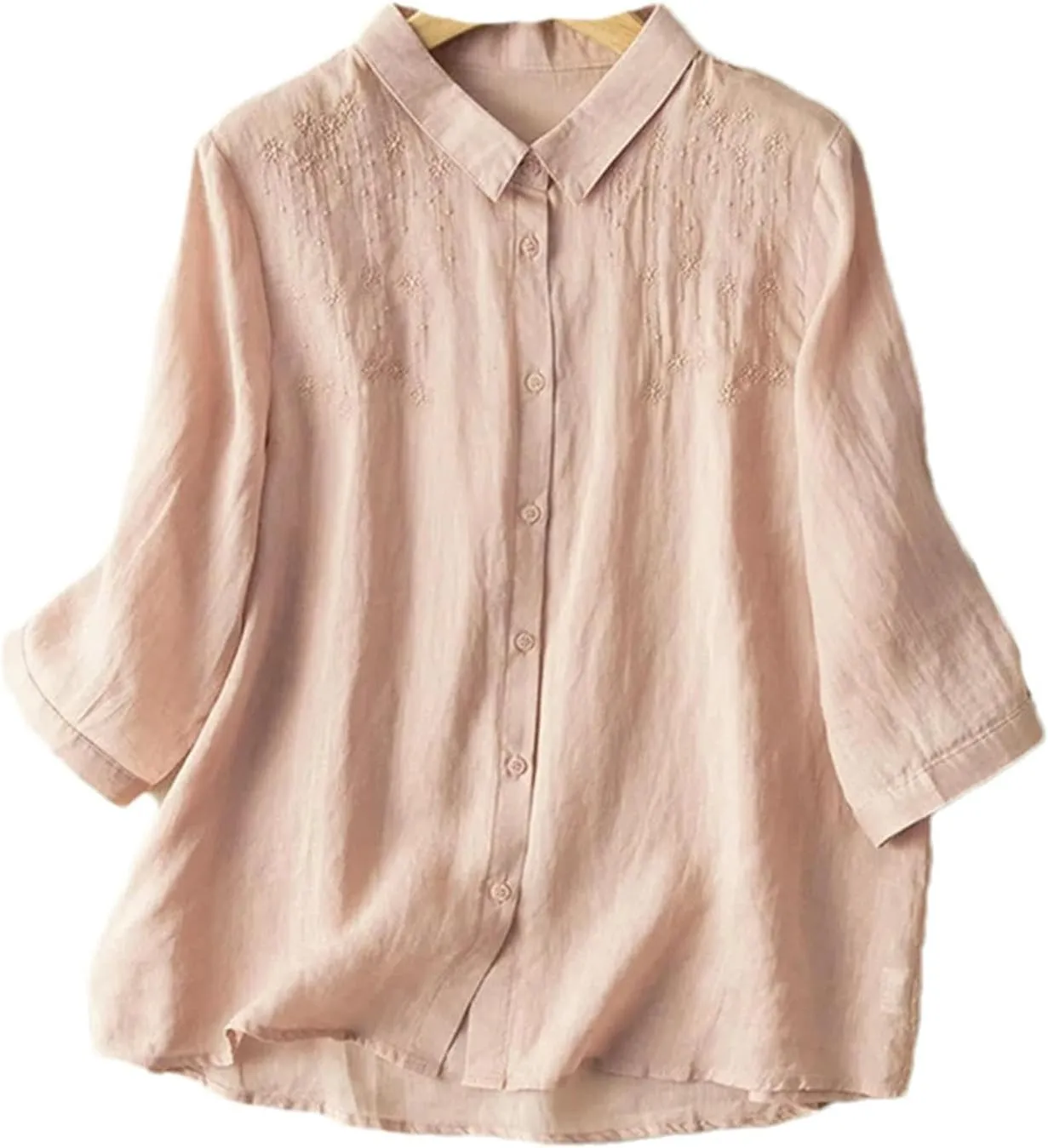 Embroidered Solid Color Cotton and Linen Shirt Women's Retro Loose Casual Lapel Blouse Spring top