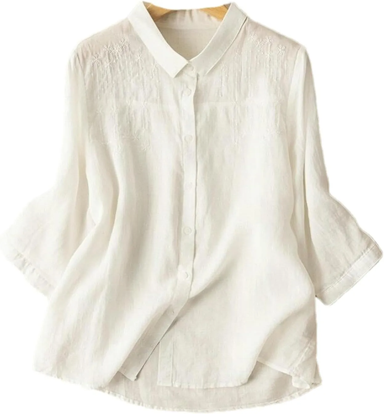Embroidered Solid Color Cotton and Linen Shirt Women's Retro Loose Casual Lapel Blouse Spring top