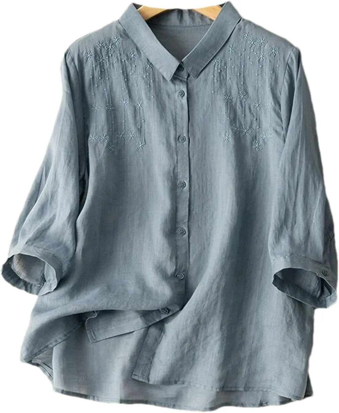 Embroidered Solid Color Cotton and Linen Shirt Women's Retro Loose Casual Lapel Blouse Spring top