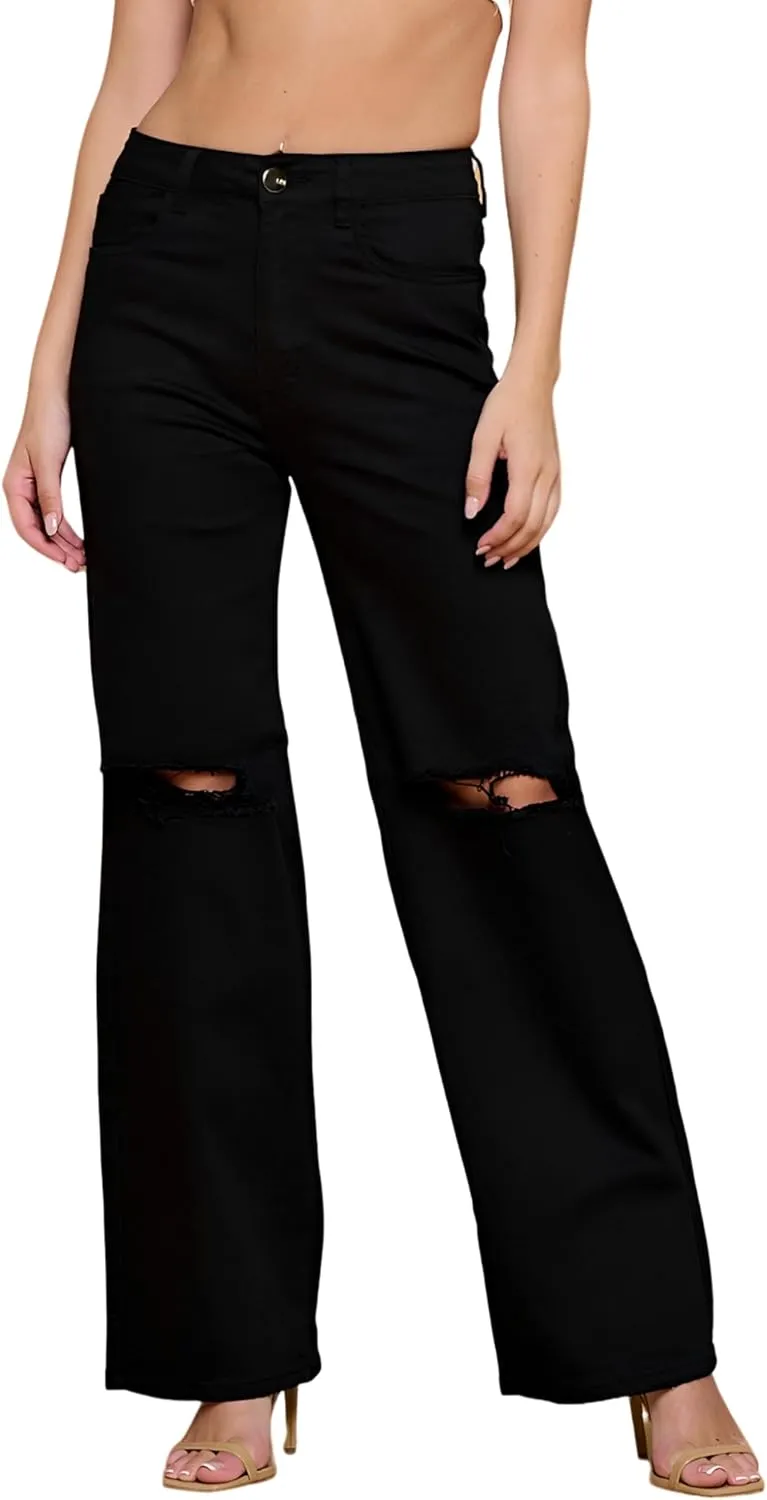FASHION-LAND High Waisted-Rise Colored Jeans Ripped Destroyed Distressed Stretchy