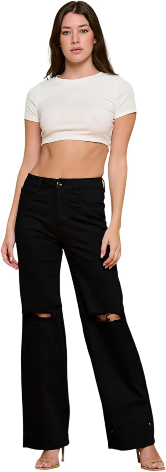 FASHION-LAND High Waisted-Rise Colored Jeans Ripped Destroyed Distressed Stretchy