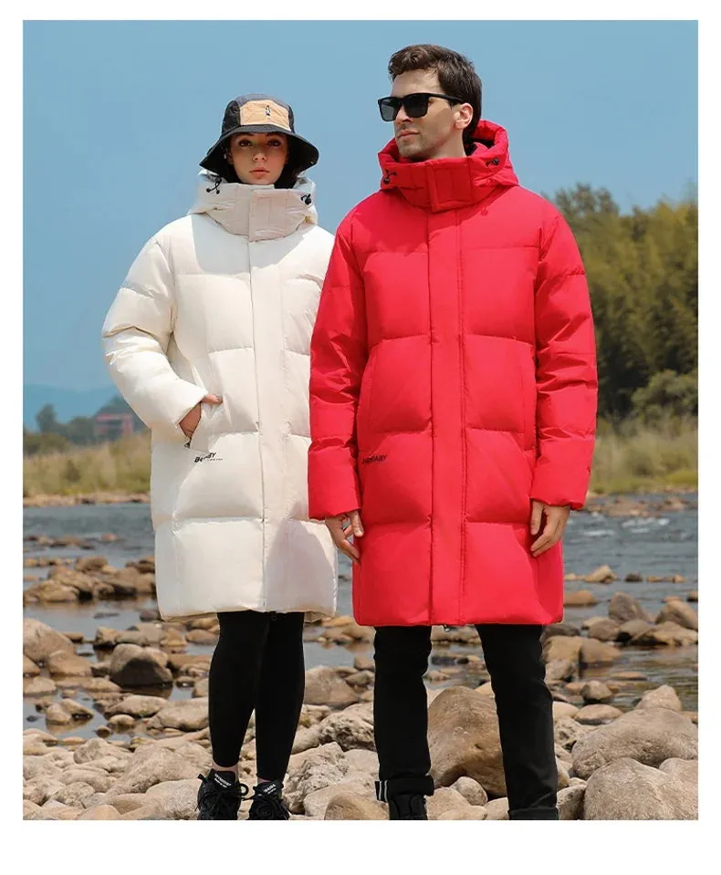 Goose Feather Down Jacket Unisex  Lightweight Warm Long  Winter Luxury Removable Hood