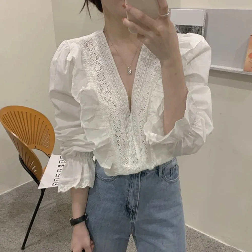 Ianthe - Elegant Ruffled V-Neck Blouse for Women