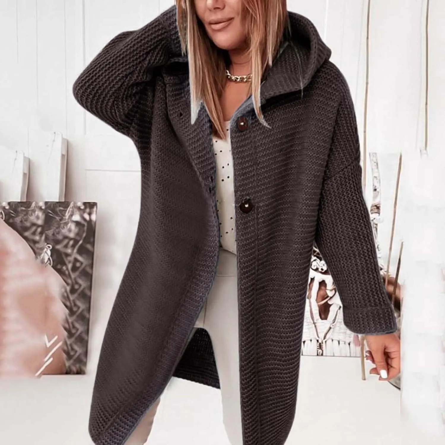 iLH Cardigan Sweaters for Women Casual Loose Open Front Sweater Coats Chunky Cable Knit Coat Fall Winter Hooded Outwear