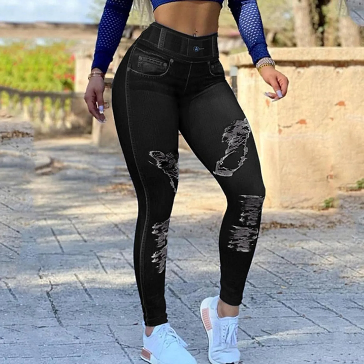 Jeans Look Stretchy Jeggings High Waist Workout Yoga Leggins with Pockets Tummy Control Skinny Jeans