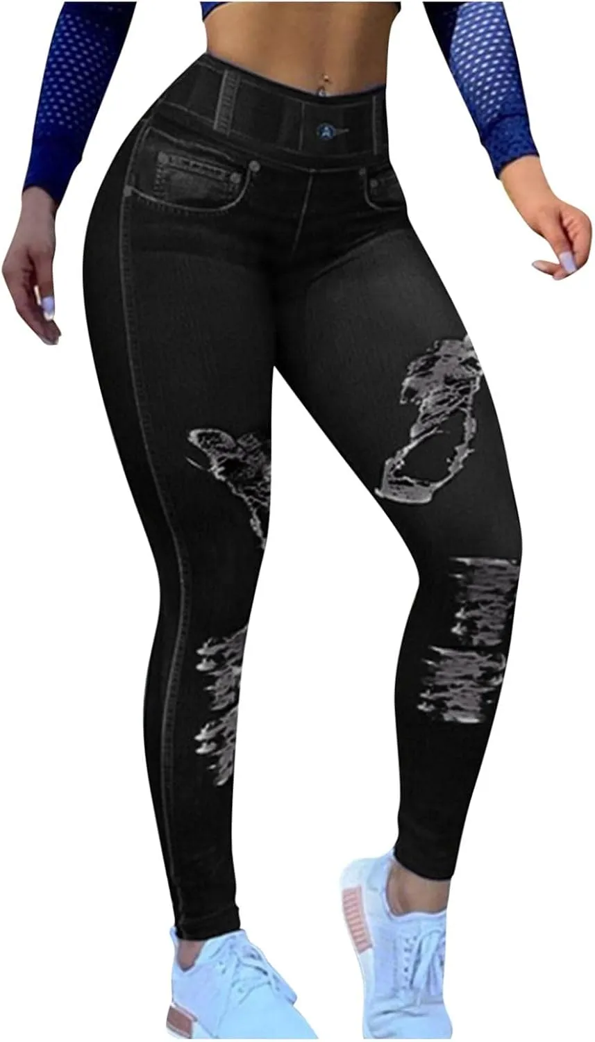 Jeans Look Stretchy Jeggings High Waist Workout Yoga Leggins with Pockets Tummy Control Skinny Jeans