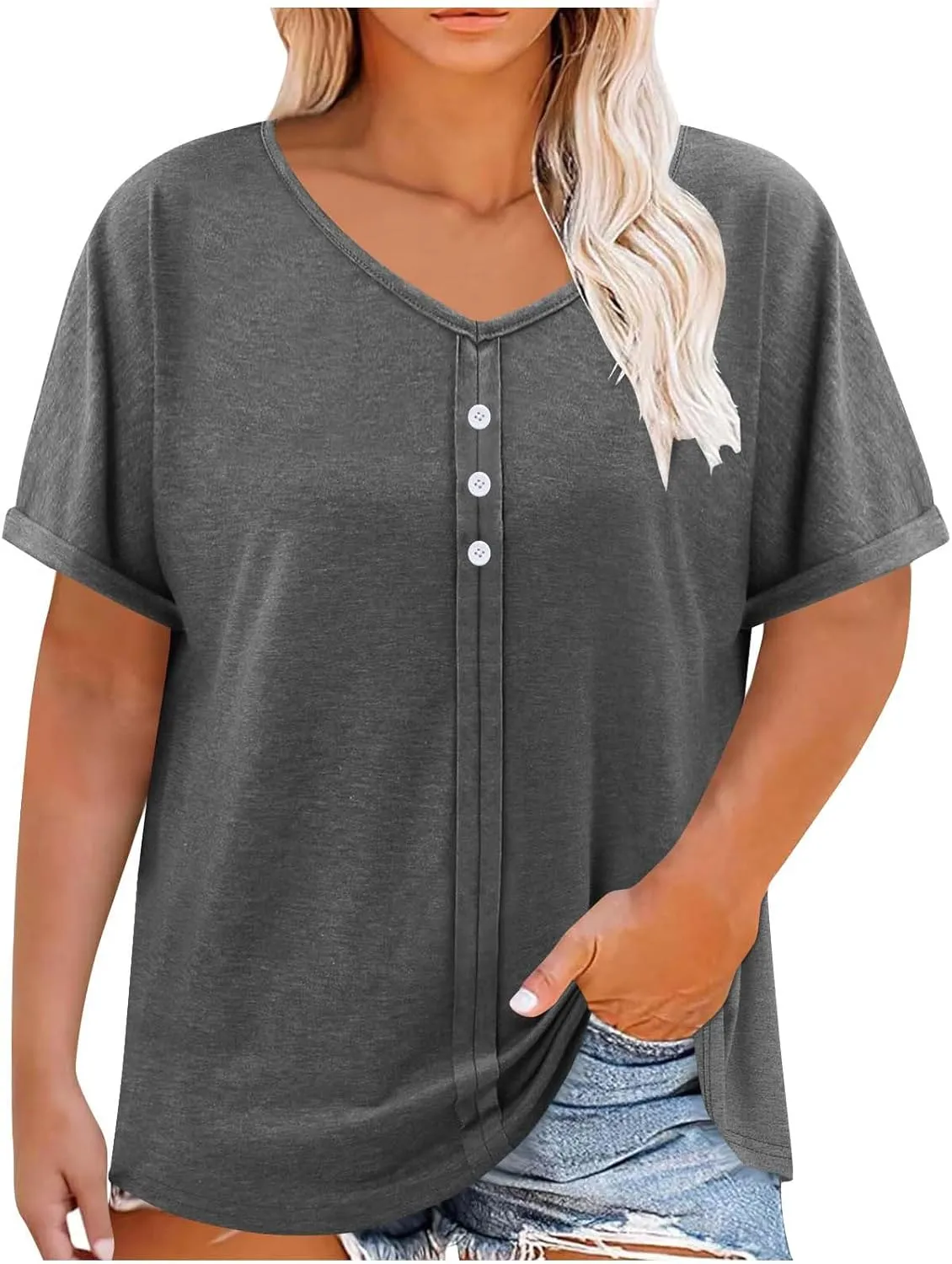 JOAU Womens Summer Plus Size Tunic Tops Trendy V Neck Short Sleeve Blouses Dressy Casual Loose Button Pleated Front Shirts