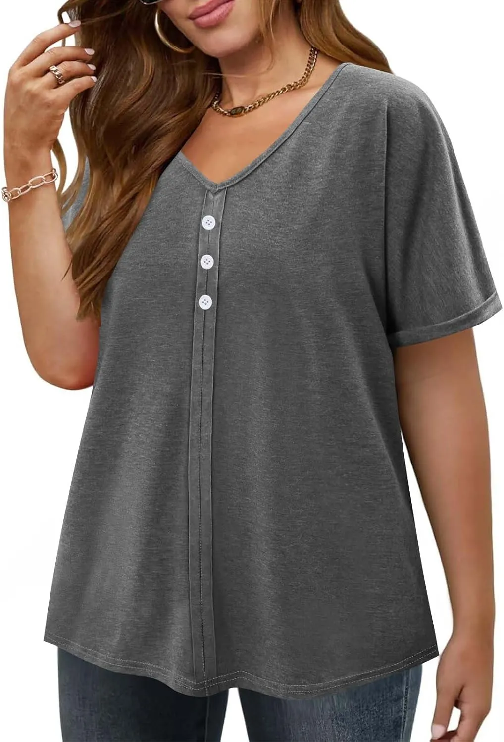 JOAU Womens Summer Plus Size Tunic Tops Trendy V Neck Short Sleeve Blouses Dressy Casual Loose Button Pleated Front Shirts