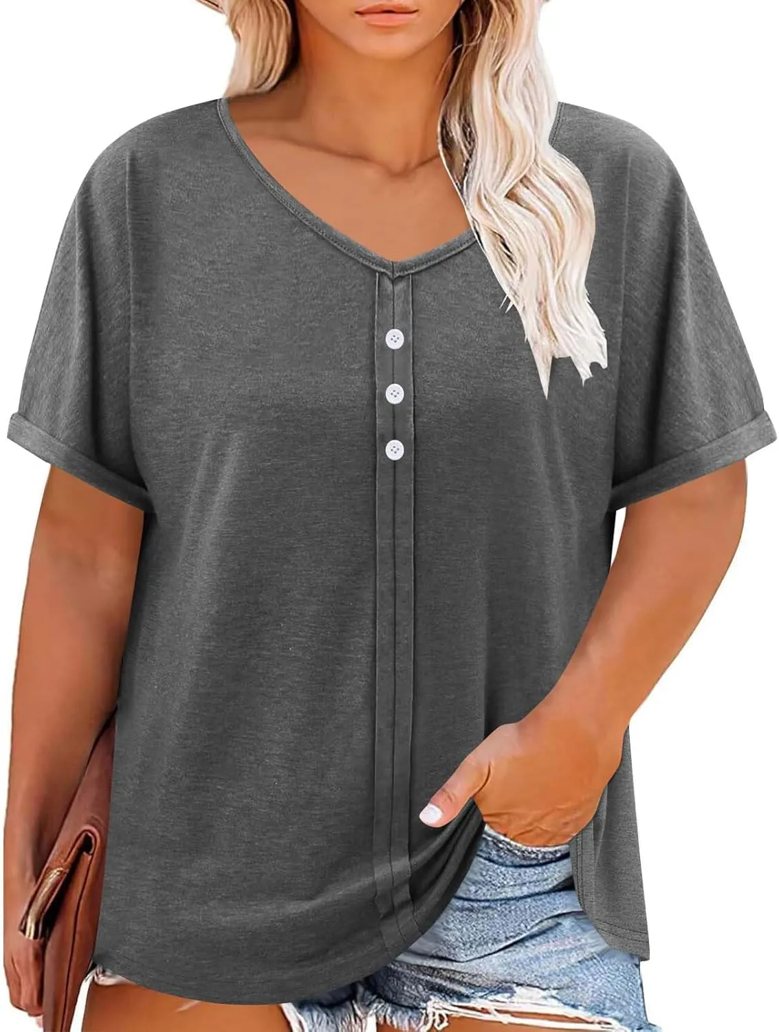 JOAU Womens Summer Plus Size Tunic Tops Trendy V Neck Short Sleeve Blouses Dressy Casual Loose Button Pleated Front Shirts