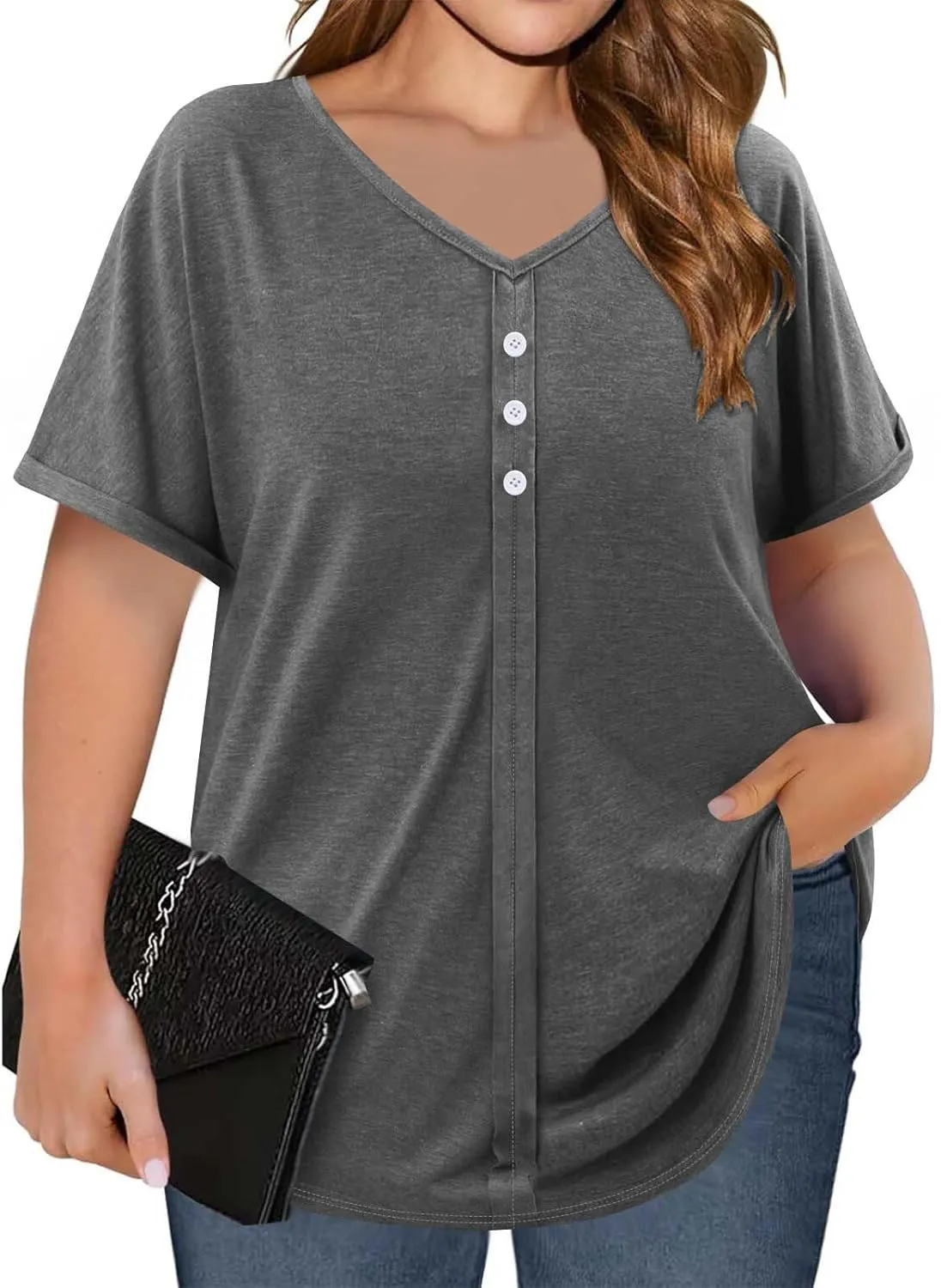 JOAU Womens Summer Plus Size Tunic Tops Trendy V Neck Short Sleeve Blouses Dressy Casual Loose Button Pleated Front Shirts