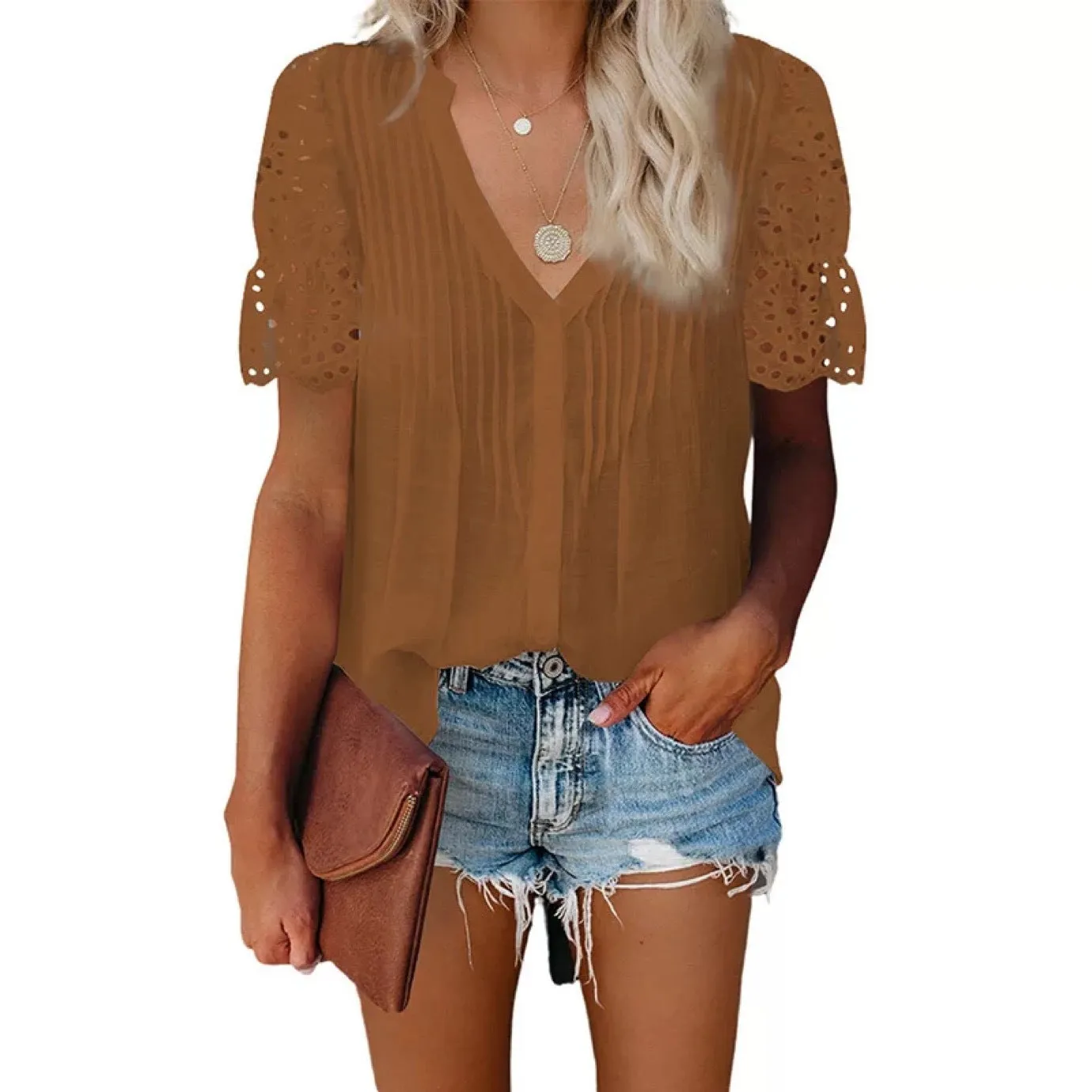 JuliaFashion - 2024 Women Casual Loose V-neck Pleated Lace Stitch Short-Sleeved Top