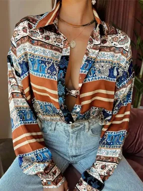 JuliaFashion - 2024 Women Long Sleeve Tops Casual Bohemian Printed Blouse