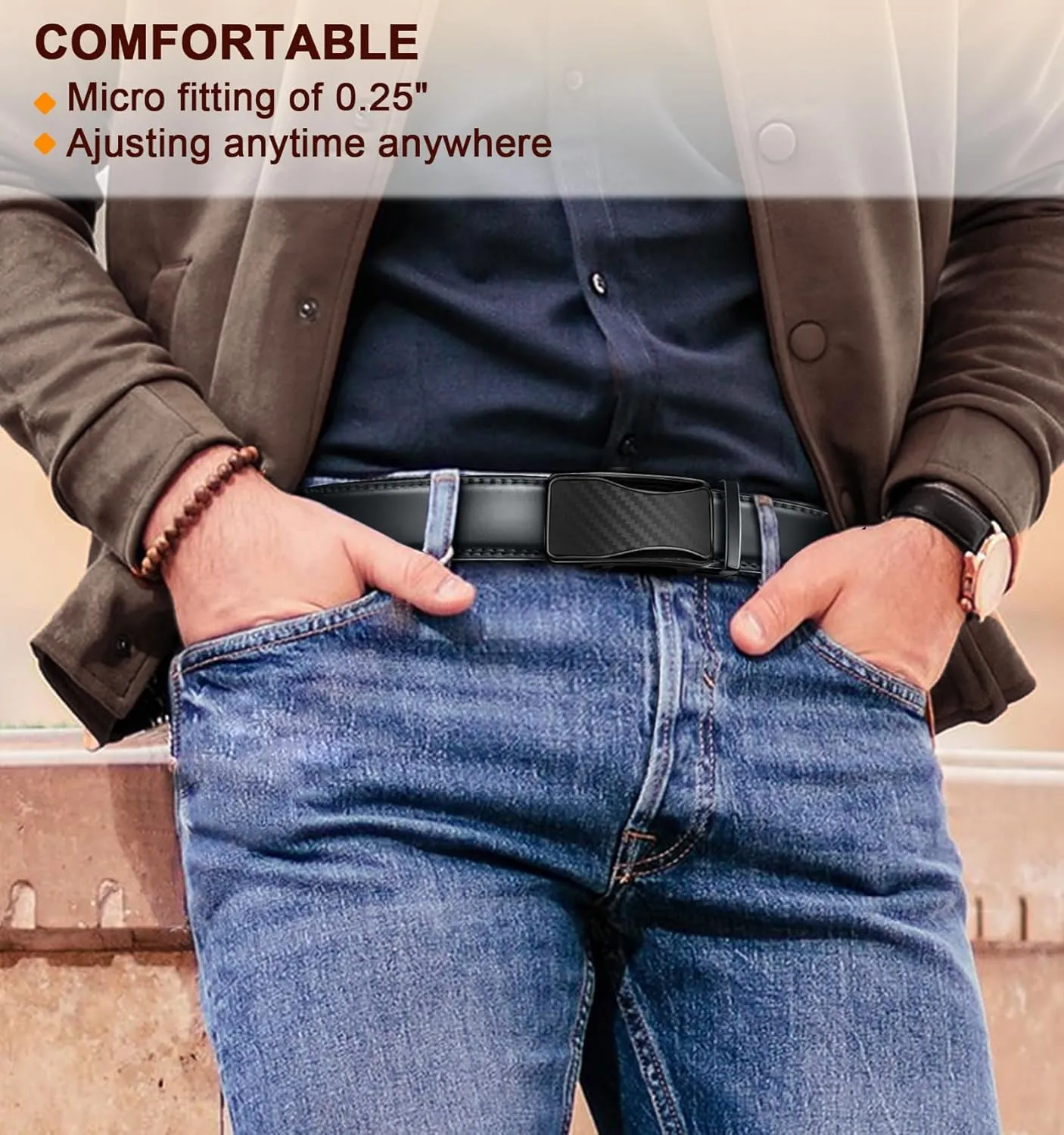 KEMISANT Mens Ratchet Belt 2 Units,Sliding Belt For Gift Mens Dress Casual 1 3/8",Size Adjustable