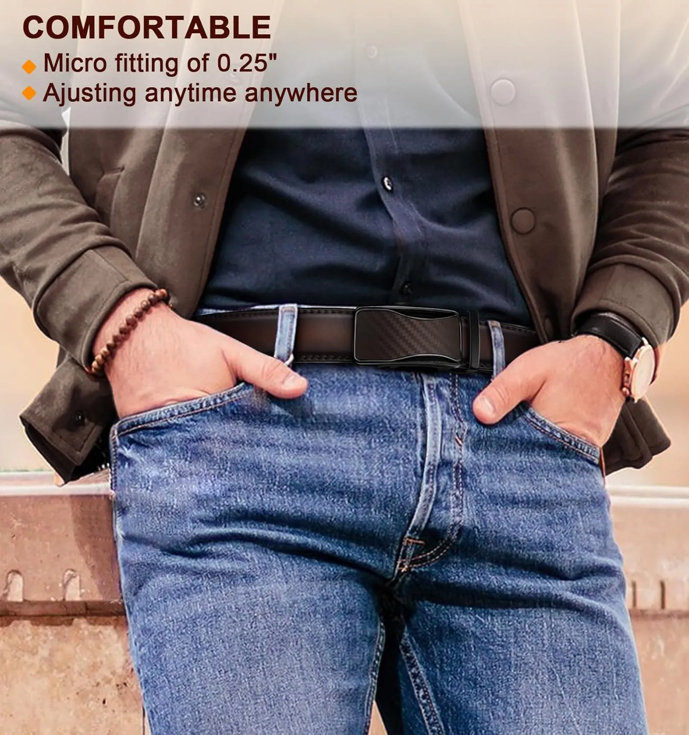 KEMISANT Mens Ratchet Belt 2 Units,Sliding Belt For Gift Mens Dress Casual 1 3/8",Size Adjustable