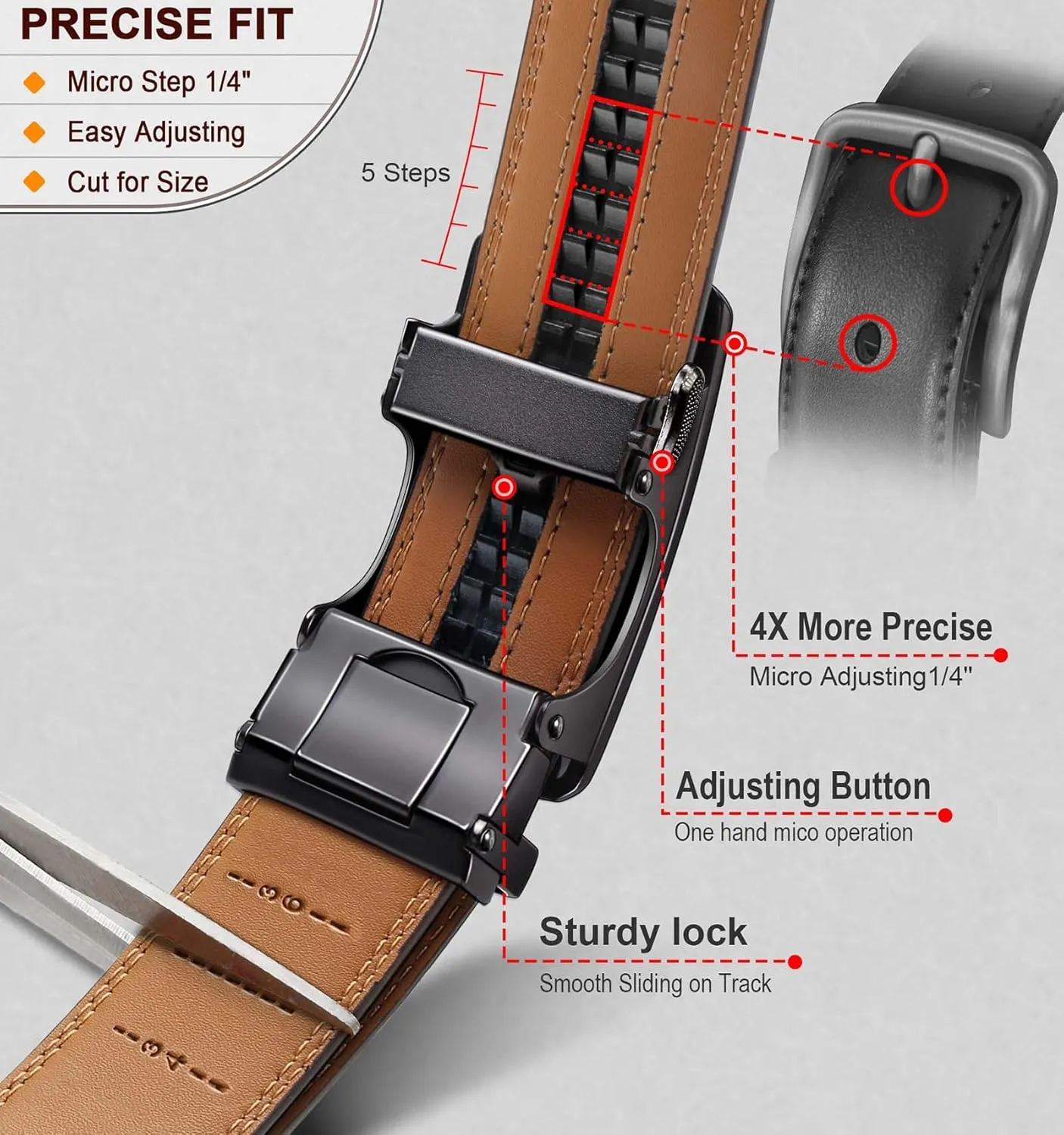 KEMISANT Mens Ratchet Belt 2 Units,Sliding Belt For Gift Mens Dress Casual 1 3/8",Size Adjustable