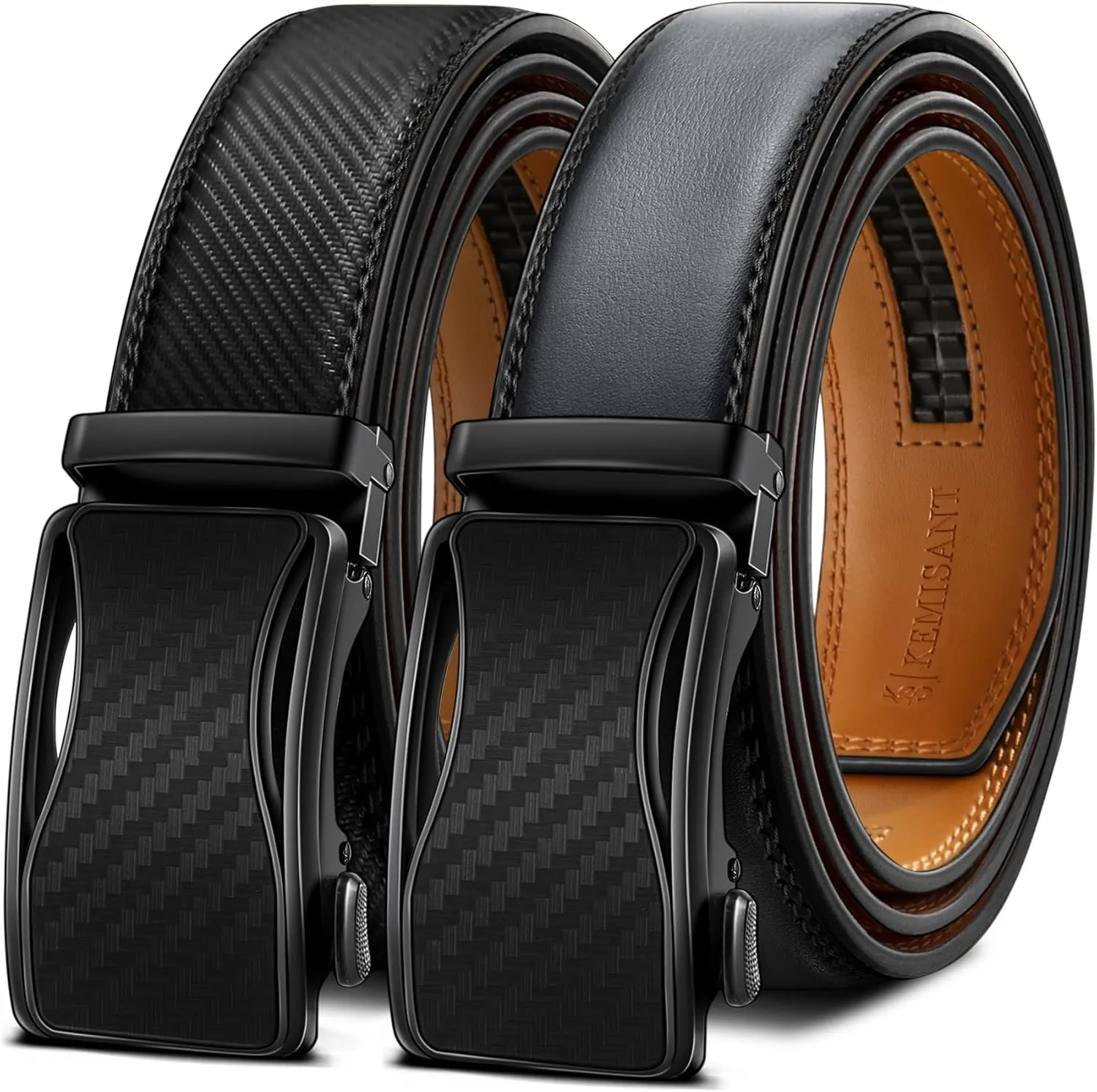 KEMISANT Mens Ratchet Belt 2 Units,Sliding Belt For Gift Mens Dress Casual 1 3/8",Size Adjustable