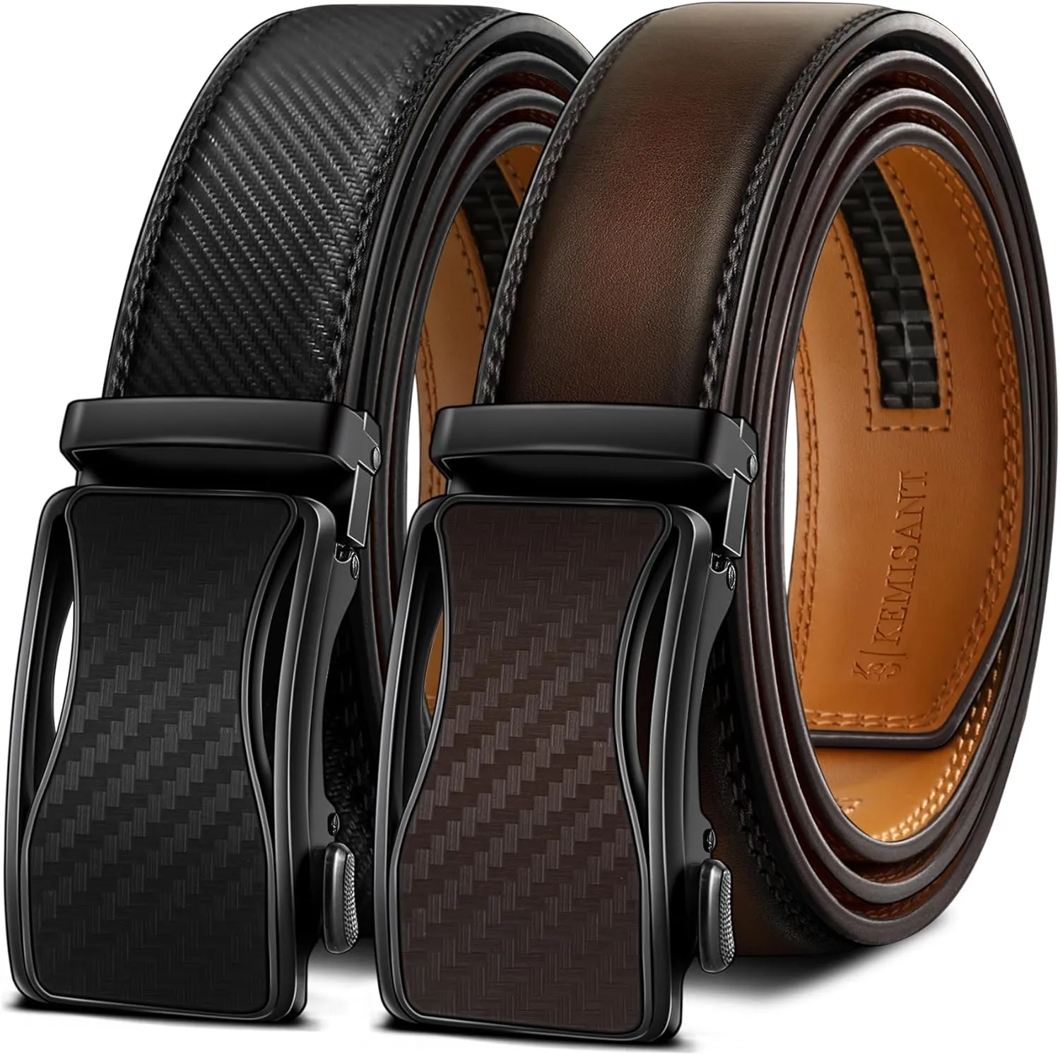 KEMISANT Mens Ratchet Belt 2 Units,Sliding Belt For Gift Mens Dress Casual 1 3/8",Size Adjustable