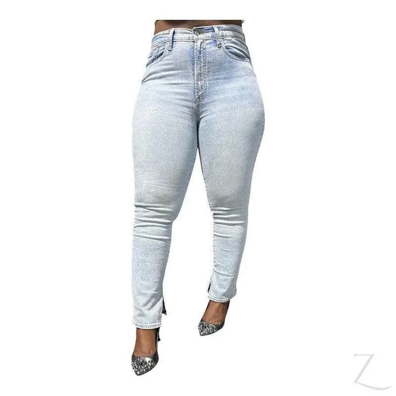 Ladies High Rise Super Strong Stretchy Vintage Slim Denim Jeans | Slit Hem | "Bobo"