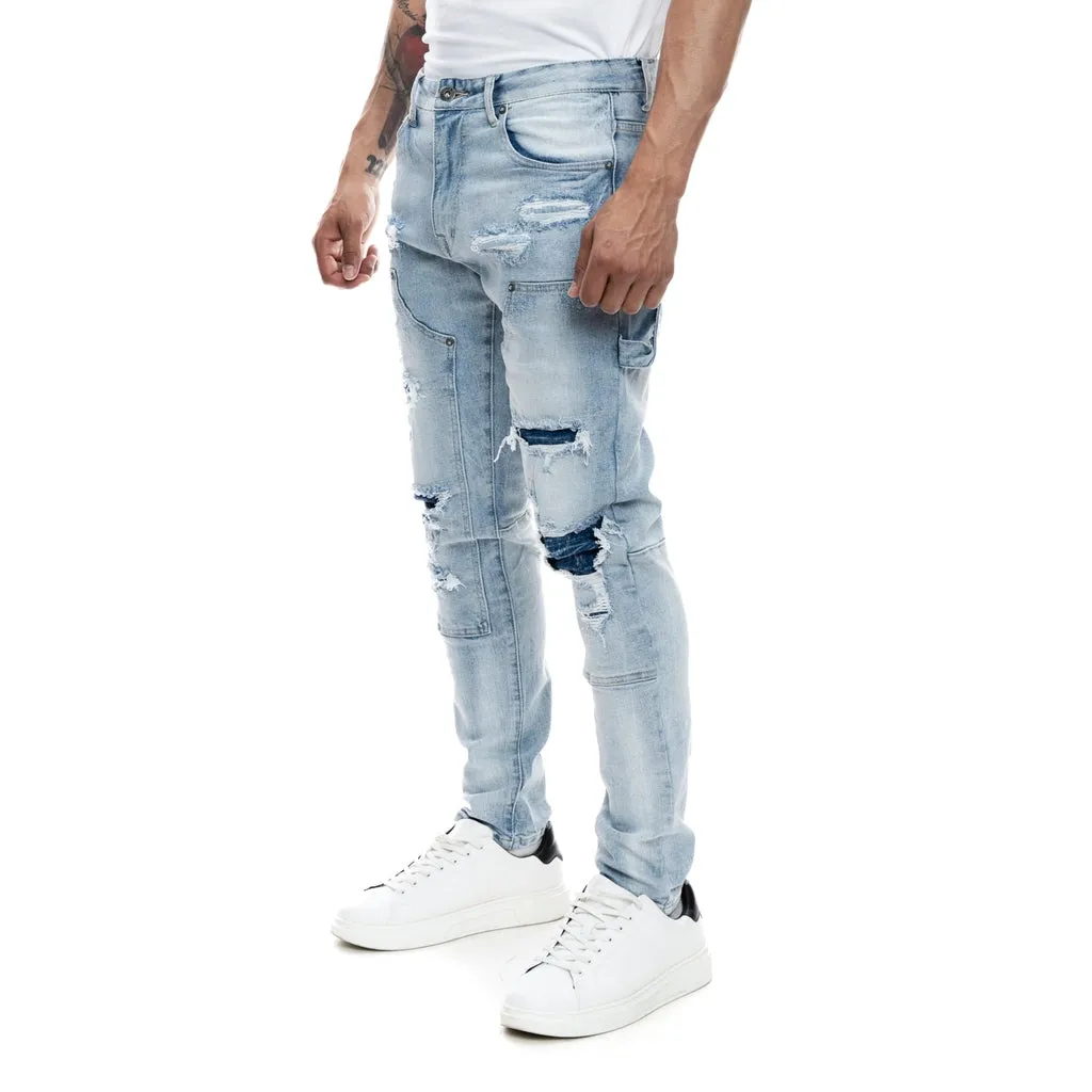 Lazy Fit Rip & Repair Double Knee Jeans - Montauk Blue