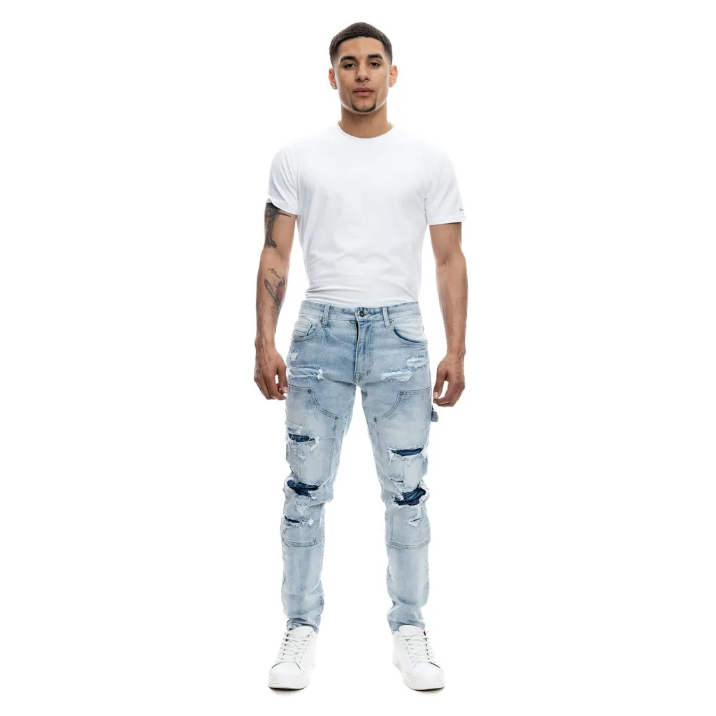 Lazy Fit Rip & Repair Double Knee Jeans - Montauk Blue
