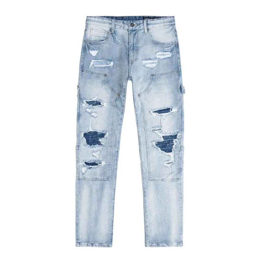 Lazy Fit Rip & Repair Double Knee Jeans - Montauk Blue