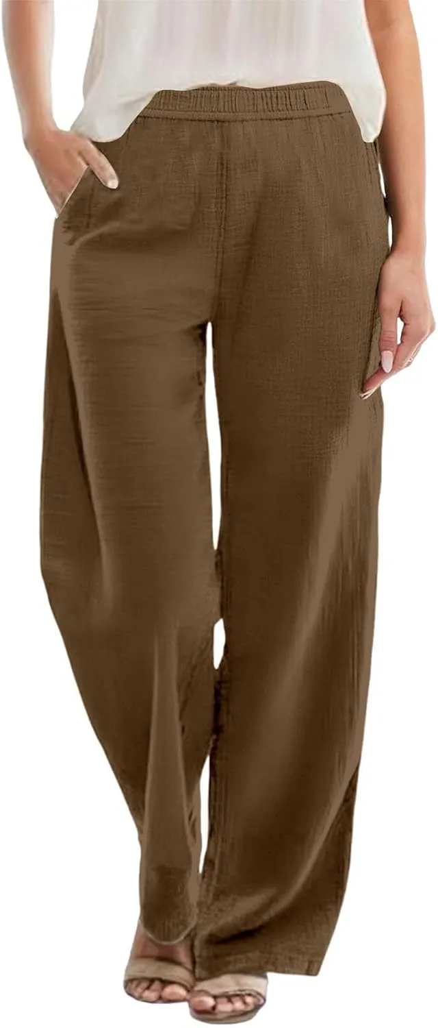 Linen Pants Women Straight Wide Leg Trousers Loose Flowy Casual Pants Lightweight Breathable Trousers