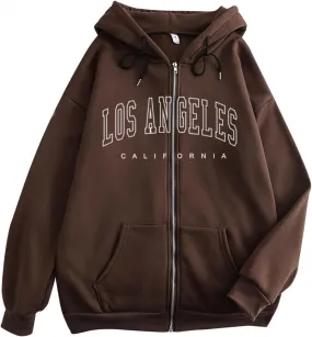 Los Angeles California - Vintage Lightweight Hoodies for Women Full Zip Up Long Sleeve Hooded Sweatshirt Coat Tunic