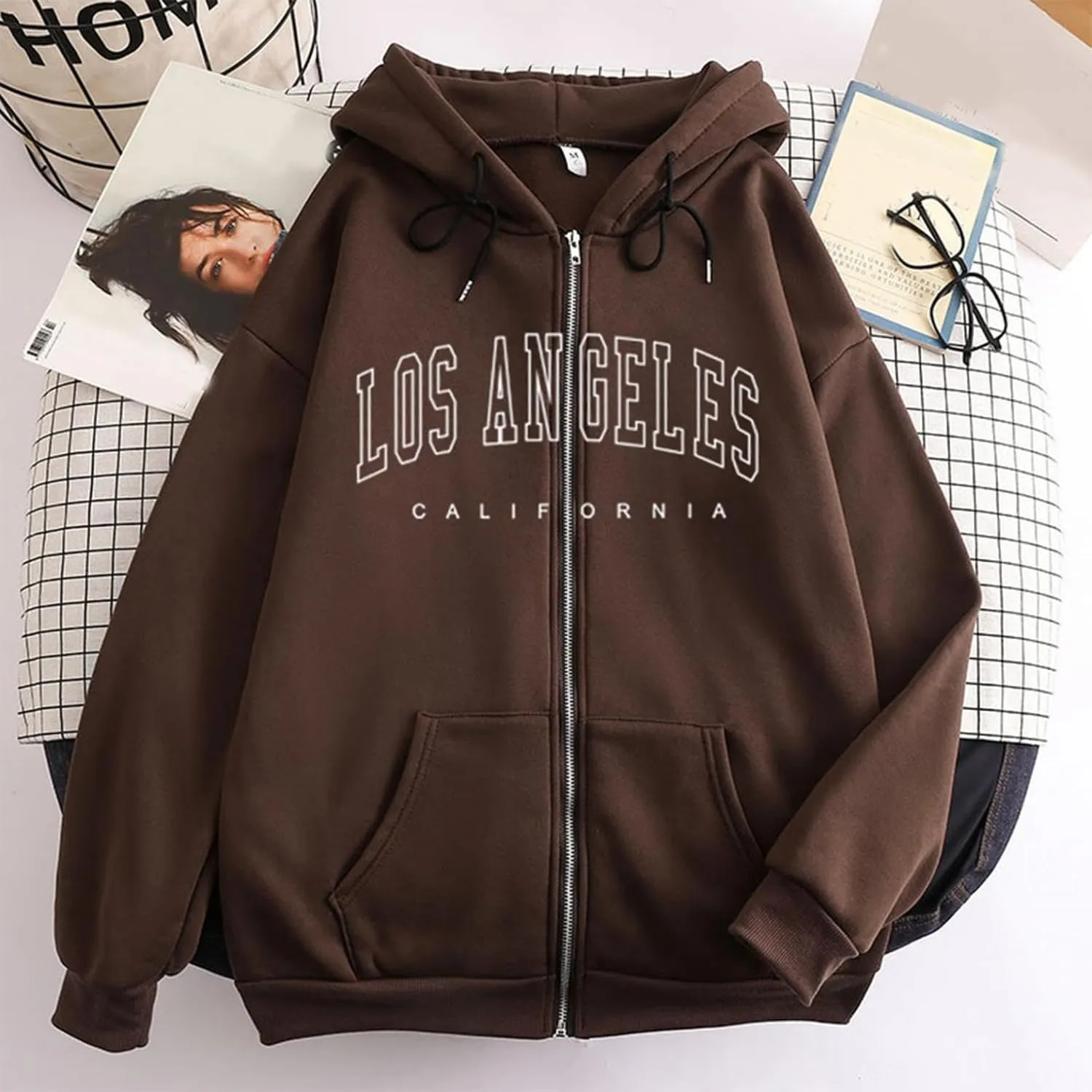 Los Angeles California - Vintage Lightweight Hoodies for Women Full Zip Up Long Sleeve Hooded Sweatshirt Coat Tunic