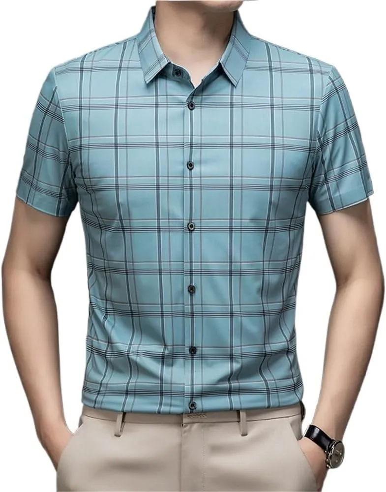 Men Short Sleeve Poplin Shirt Striped Patchwork Soft Silk Dress Shirt Lightweight Breathable Fashion Casual Shirts for Men