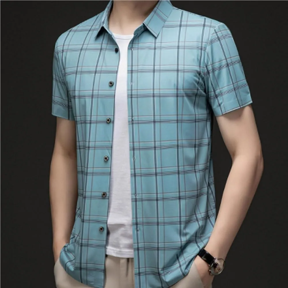 Men Short Sleeve Poplin Shirt Striped Patchwork Soft Silk Dress Shirt Lightweight Breathable Fashion Casual Shirts for Men