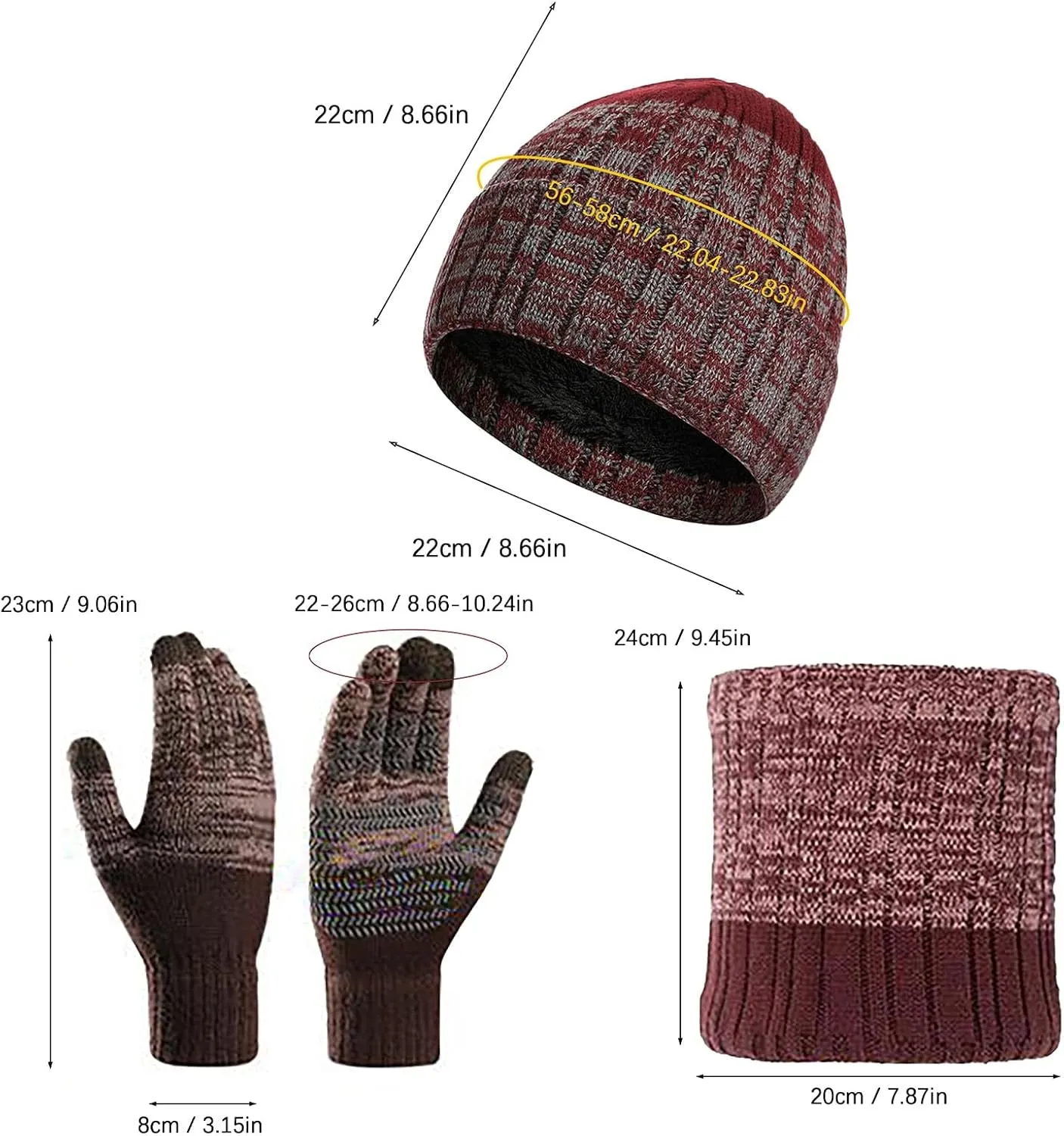 Mens Hat Scarf and Gloves Set Winter, Thermal Slouchy Beanie Neck Scarves Touchscreen Gloves Warm Set for Cold Weather