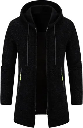 Mens Long Cardigan Jacket Thermal Loose Fit Casual Coat Hooded Drawstring Warm Sweaters Fashion Knitted Jackets