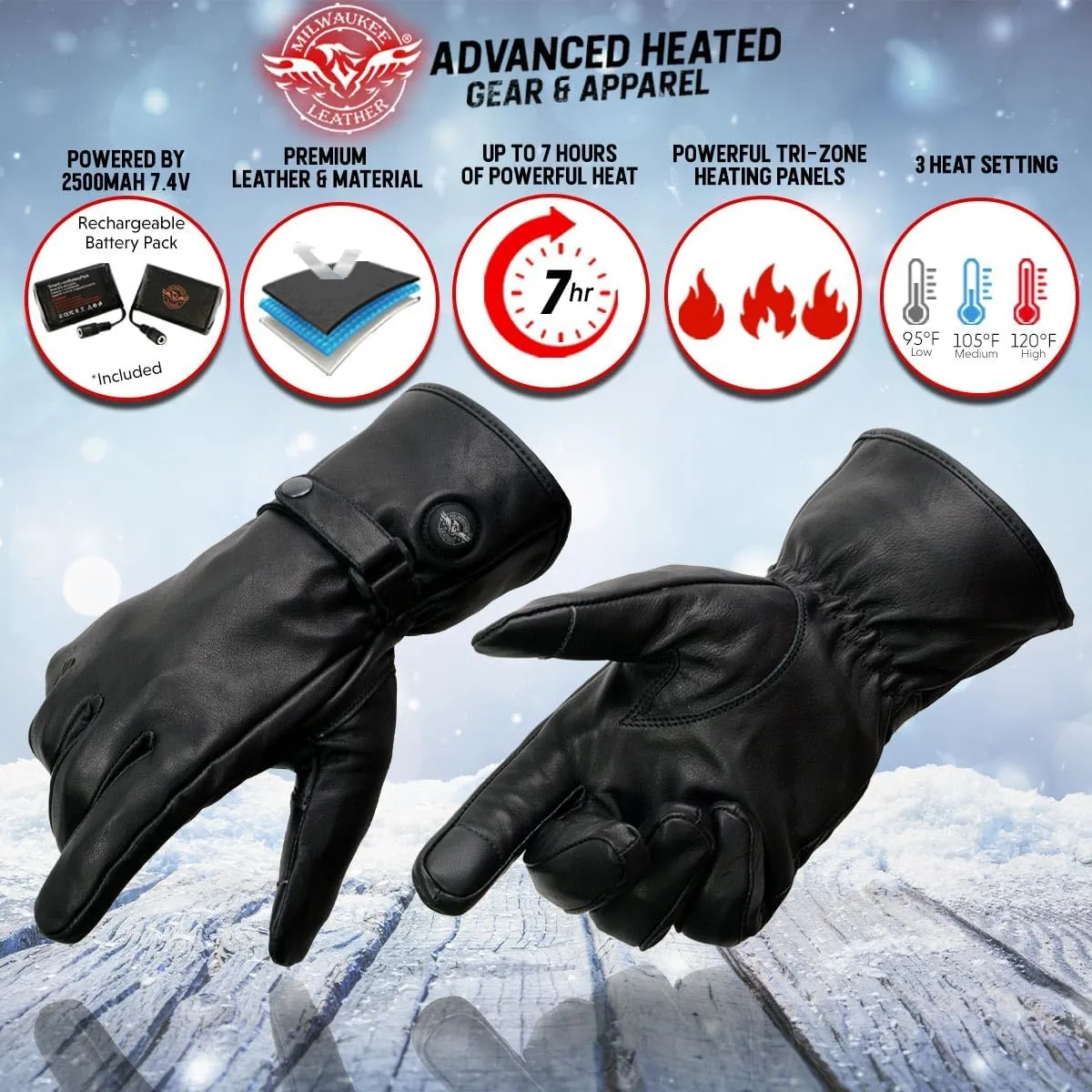 Milwaukee Leather MG7519SET Men’s Black Leather Heated Winter Gloves for Motorcycle Ski Hiking w/Battery & i-Touch