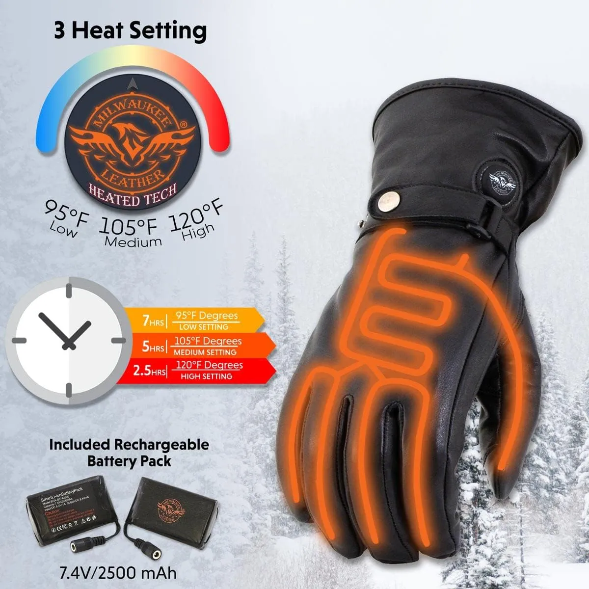 Milwaukee Leather MG7519SET Men’s Black Leather Heated Winter Gloves for Motorcycle Ski Hiking w/Battery & i-Touch