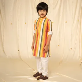 Ministitch full sleeves printed kurta and pyjama set for boys - Yellow, Red, White