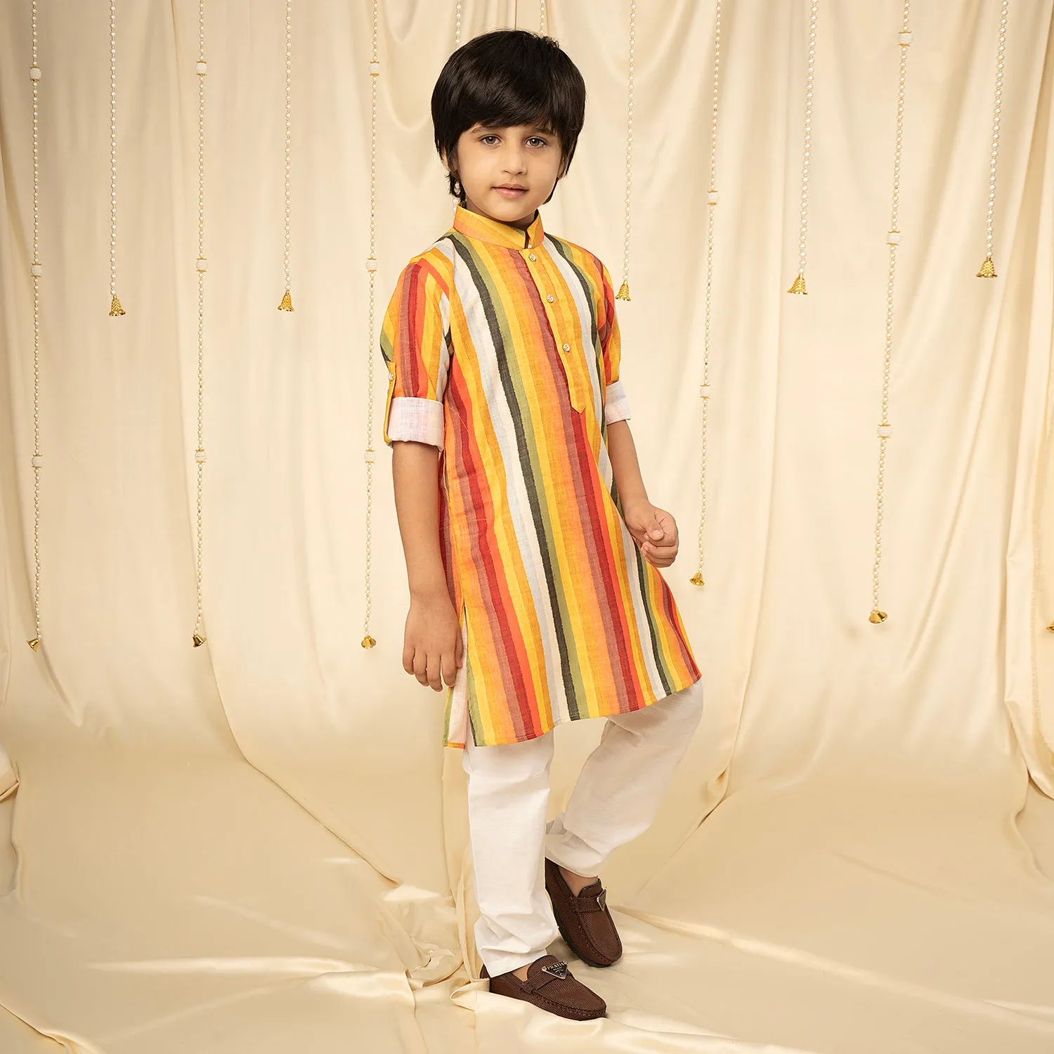Ministitch full sleeves printed kurta and pyjama set for boys - Yellow, Red, White