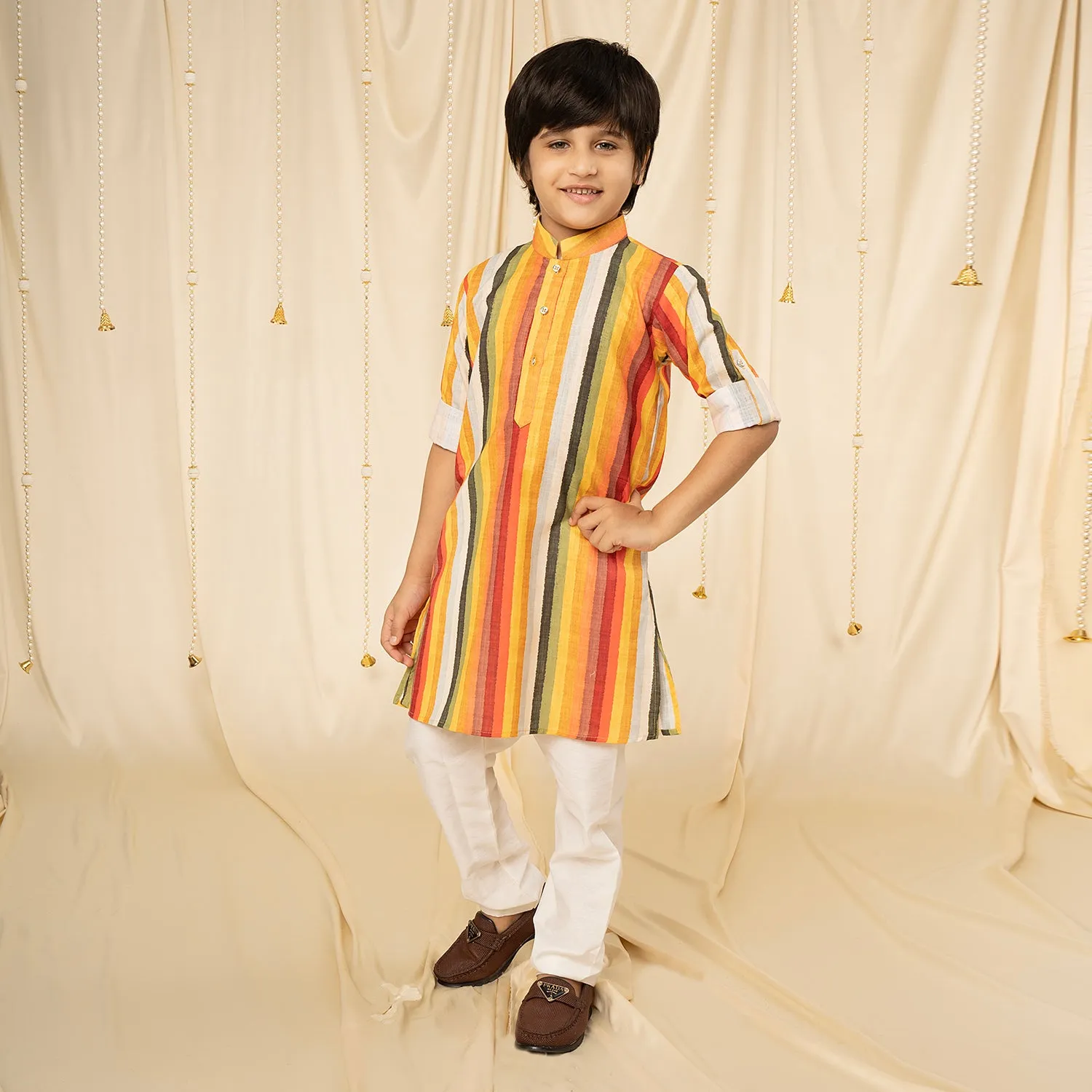Ministitch full sleeves printed kurta and pyjama set for boys - Yellow, Red, White