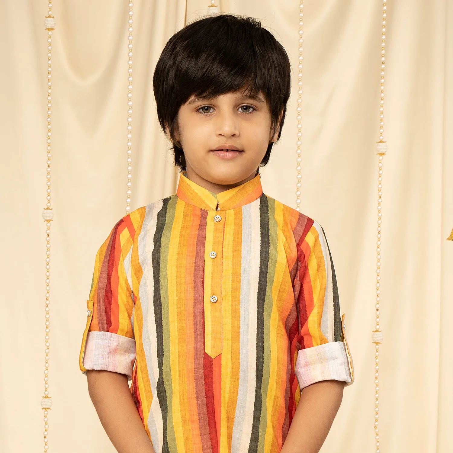Ministitch full sleeves printed kurta and pyjama set for boys - Yellow, Red, White