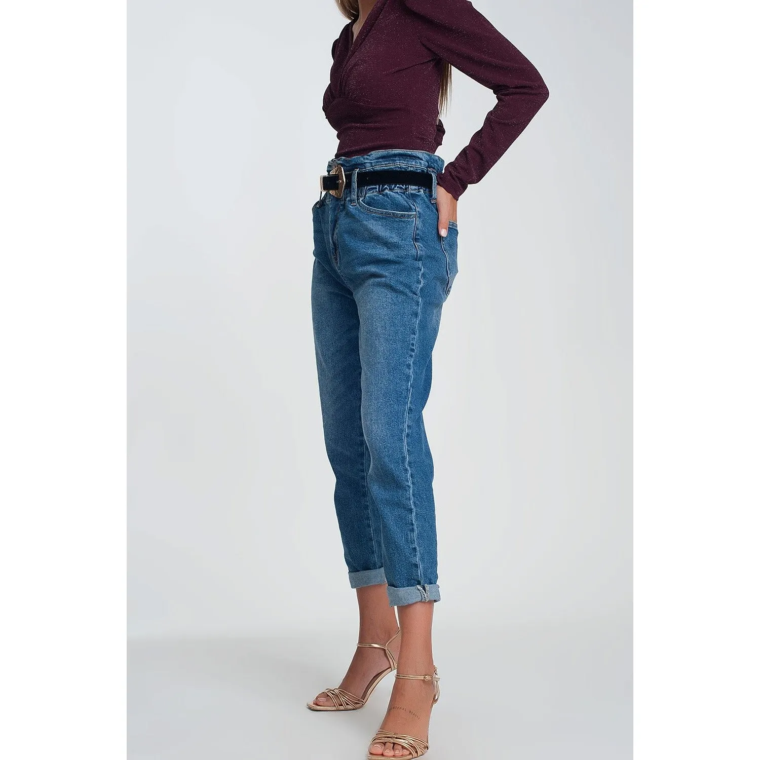 Paper Bag Waist Mom Jean in Dark Wash Blue