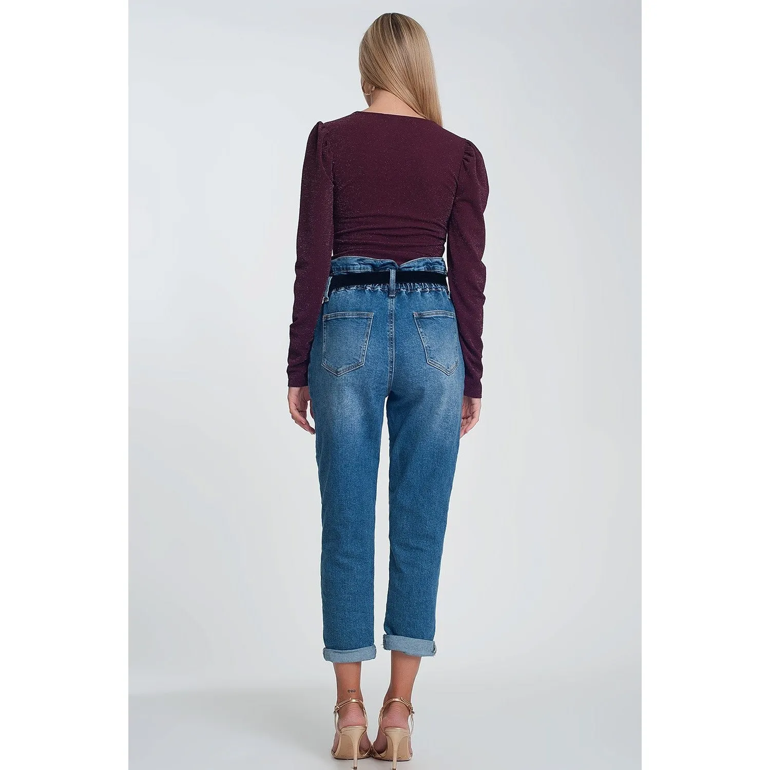 Paper Bag Waist Mom Jean in Dark Wash Blue