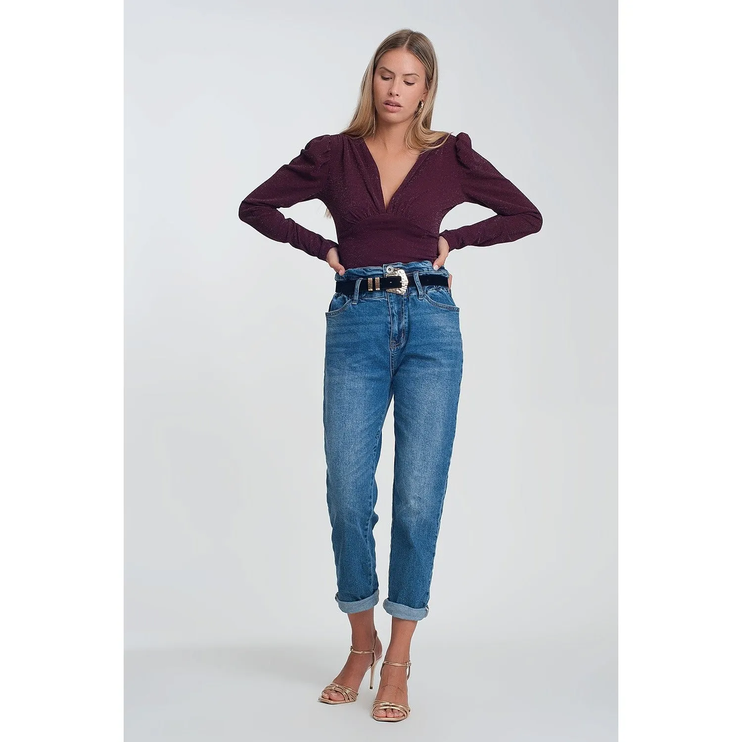 Paper Bag Waist Mom Jean in Dark Wash Blue