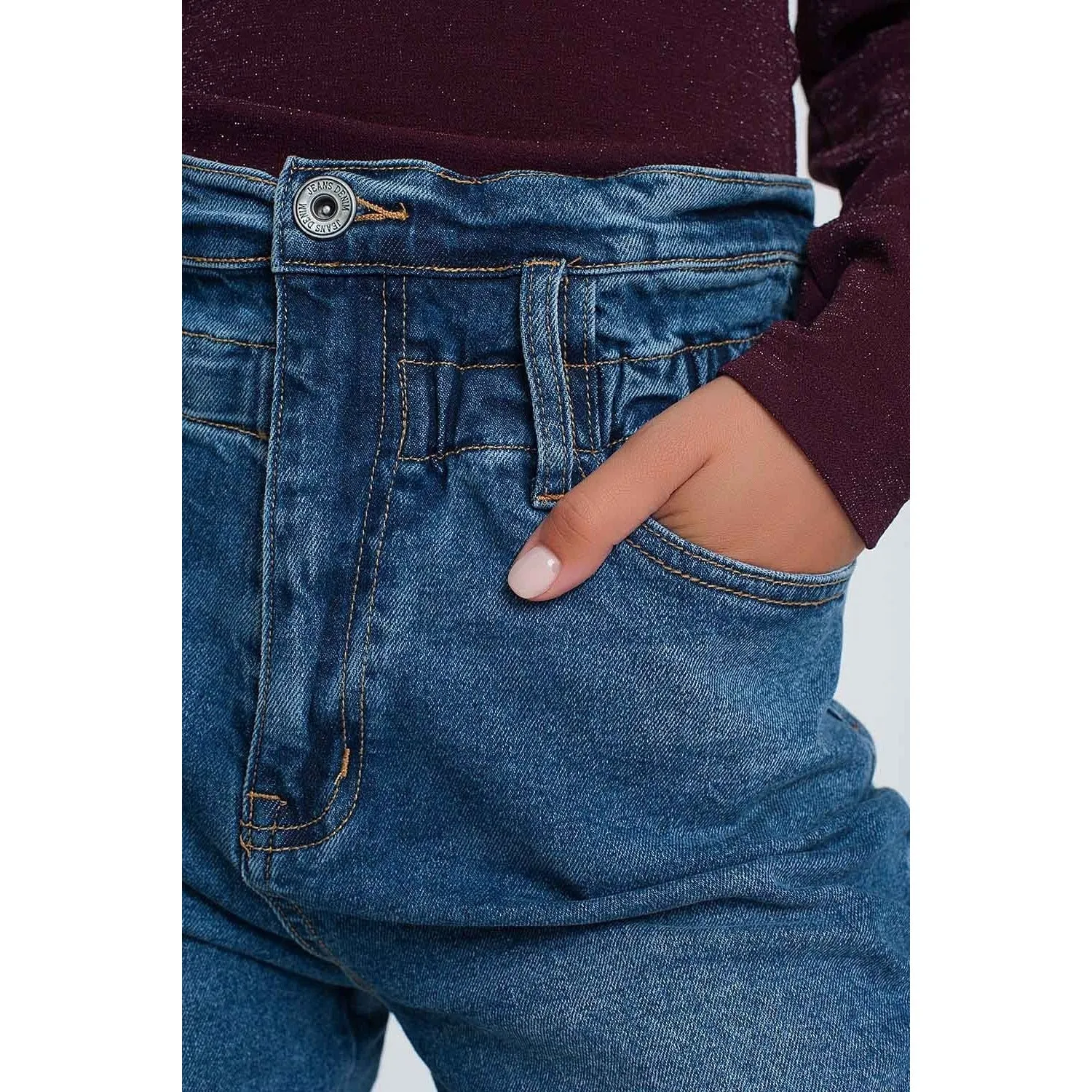 Paper Bag Waist Mom Jean in Dark Wash Blue