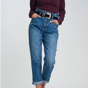 Paper Bag Waist Mom Jean in Dark Wash Blue